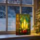 Stained Glass Lit Oranment with Candles & Holly 21x13cm - Battery Operated