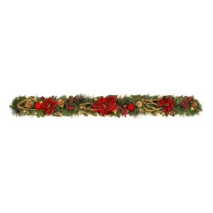 1.8m Dark Red Poinsettia Garland Pre-Lit with 30 Lights