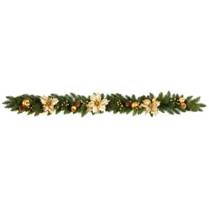 1.8m Gold Poinsettia Garland with Gold Baubles