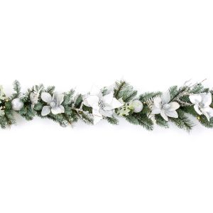 1.8m White Silver Poinsettia Garland Pre-Lit with 60 Lights