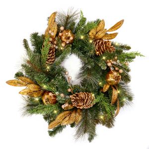 60cm Gold Pomegranate Wreath Pre-Lit with 50 Lights