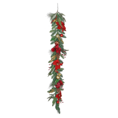 180cm Poinsettia Garland with Baubles - Red/Gold