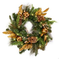 60cm Gold Pomegranate Wreath Pre-Lit with 50 Lights