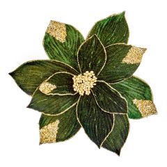 29cm Green Velvet Poinsettia with Gold Sequins Clip On