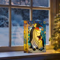 Stained Glass Lit Oranment with Penguins 21x13cm - Battery Operated