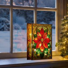 Stained Glass Lit Oranment with Poinsettia 21x13cm - Battery Operated