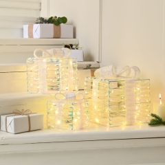 Set of 3 Lit Star Shimmer Parcels (15/20/25cm) with Total 90 Warm White Micro LED Lights