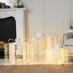 Set of 3 Lit Large Iridescent Parcels (30/40/50cm) with Total 3120 Warm White Micro LED Lights