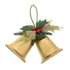 30cm Gold Twin Metal Bells - Green Holly Leaves