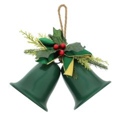 30cm Green Twin Metal Bells - Green Holly Leaves
