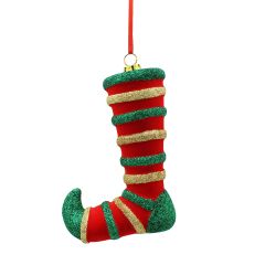 12cm Hanging Red Flock/Green-Gold Glitter Elf Leg