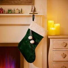 60cm Green with White Faux Fur Trim and Pom Poms Stocking