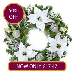 60cm White Poinsettia Wreath with Silver Baubles