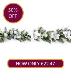 1.8m White Silver Poinsettia Garland Pre-Lit with 60 Lights